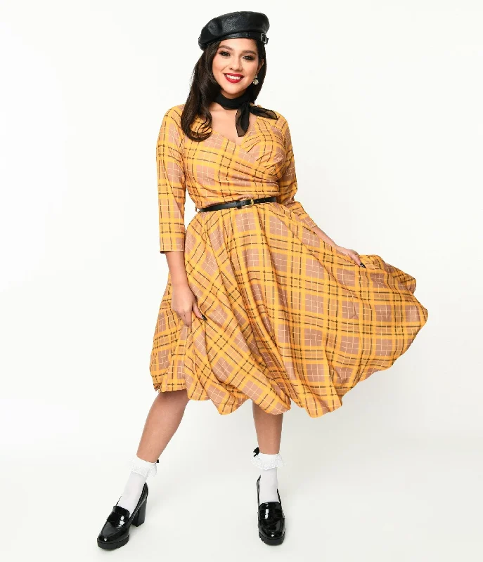 dusty rose maxi dress-Mustard Yellow Plaid Kacee Swing Dress