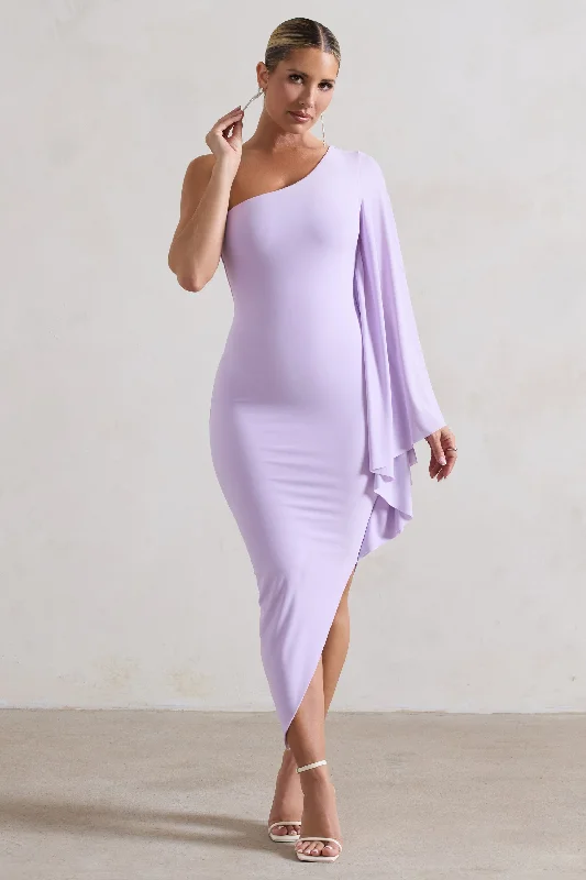 forest green maxi dress-My Level | Lilac Asymmetric One Shoulder Cape Sleeve Midi Dress