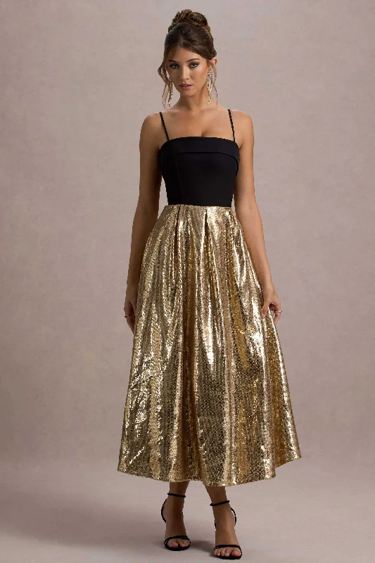 indigo evening dress-Nicci | Black & Gold Strappy Midi Dress With Sequin Skirt