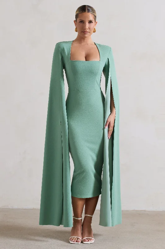 charcoal grey sweater dress-No Replacement | Sage Green Square-Neck Cape-Sleeve Midi Dress