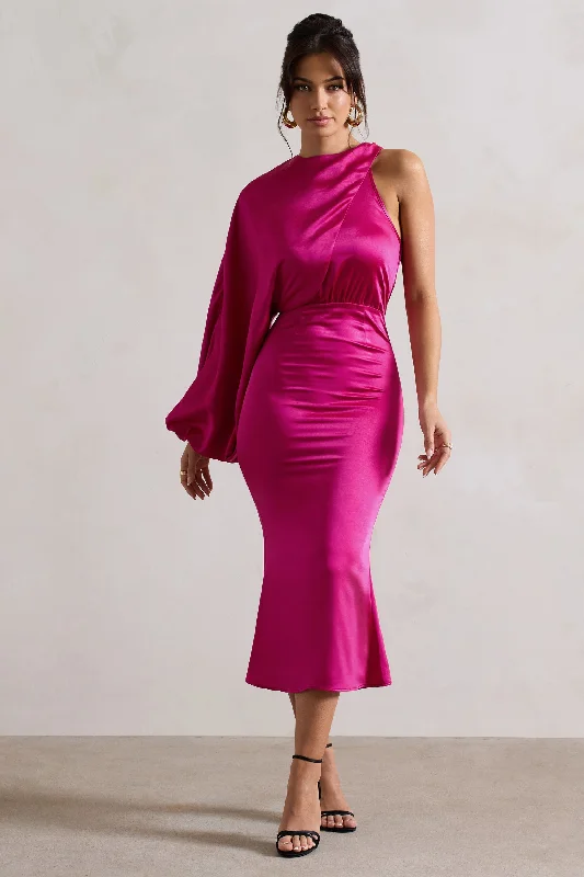 fishtail evening dress-Nola | Dark Pink Satin One-Sleeve Midi Dress