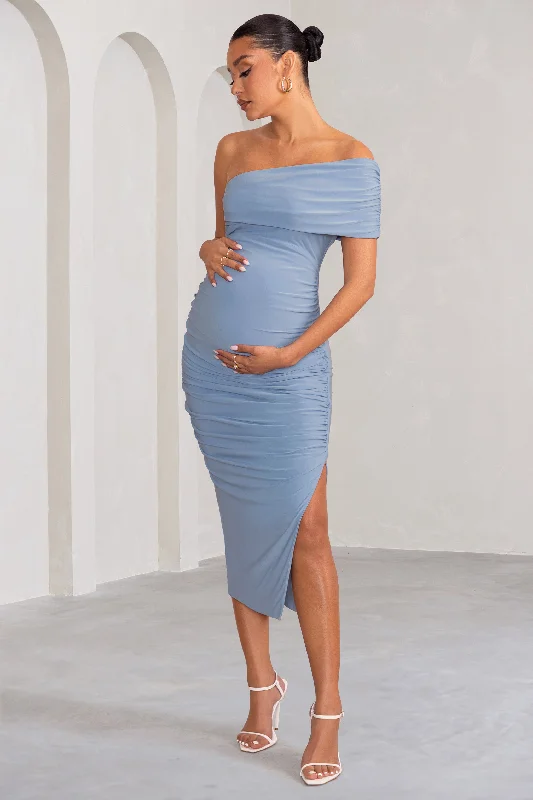 tartan plaid dress-Odelia | Powder Blue Maternity Midi Dress with Asymmetric Sleeve and Side Split