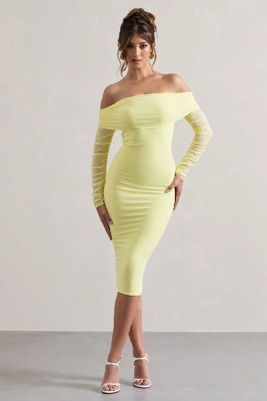 puffed sleeve dress-Only You | Lemon Ruched Mesh Bardot Midi Dress