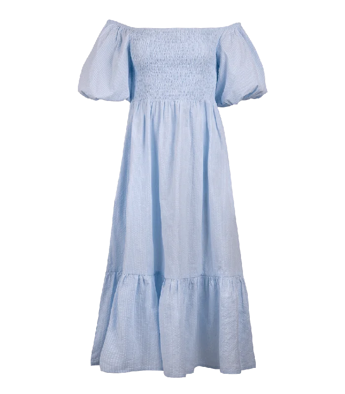 snap button dress-Ophelia Smocked Maxi Puff Sleeve Dress