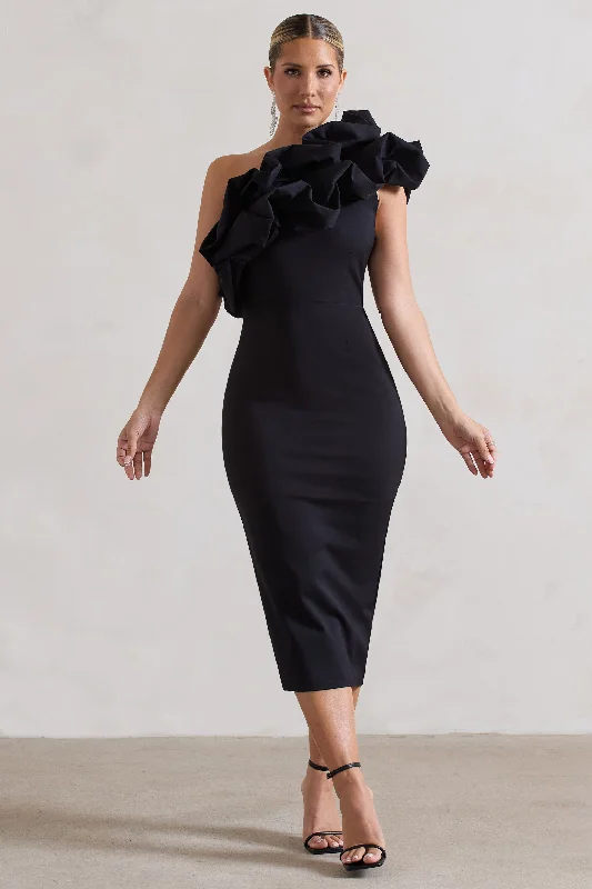 delicate lace dress-Orchestra | Black One Shoulder Ruffled Midi Dress