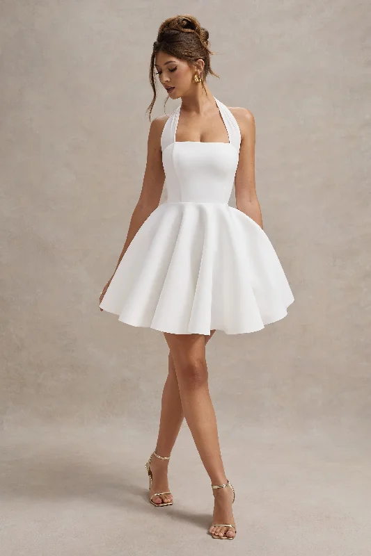 flared sundress-Peggy | White Halter-Neck Skater Mini Dress