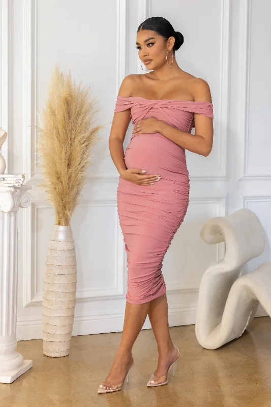 dusty rose sundress-Perfection | Pink Maternity Bardot Knot Ruched Midi Dress