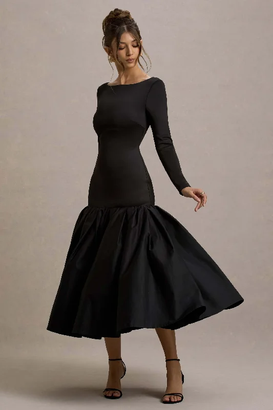 smocked peasant dress-Perpetua | Black Drop-Waist Midi Dress With Volume Skirt