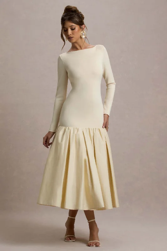 mock neck dress-Perpetua | Cream Drop-Waist Midi Dress With Volume Skirt