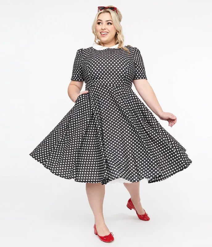 flared sundress-Plus Size 1950s Black & White Polka Dot Brielle Swing Dress