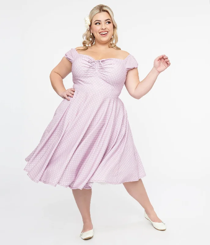 fitted midi dress-Plus Size 1950s Lavender & White Heart Print Victoria Swing Dress