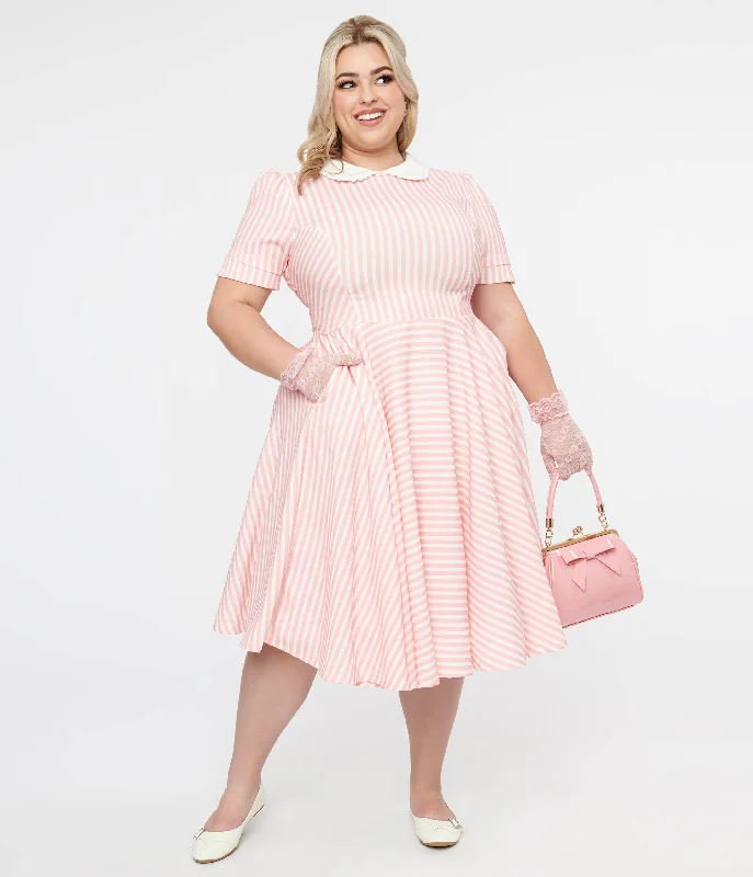 smocked boho dress-Plus Size 1950s Pink & White Striped Brielle Swing Dress