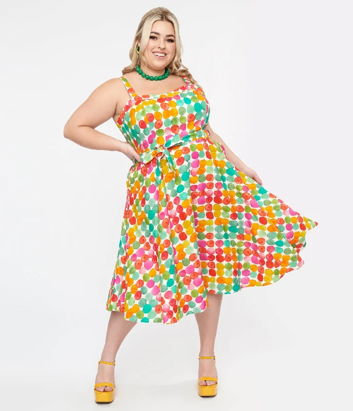 dramatic prom dress-Plus Size 1950s Rainbow Watercolor Polka Dot Lori Swing Dress