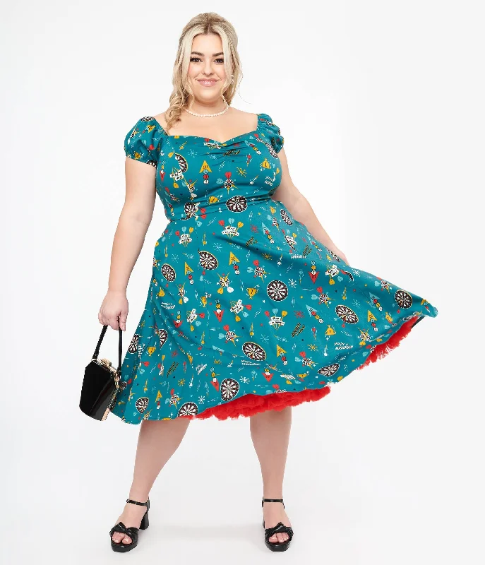 fringed sundress-Plus Size 1950s Teal Dart Board Keep Em Flying Cotton Swing Dress