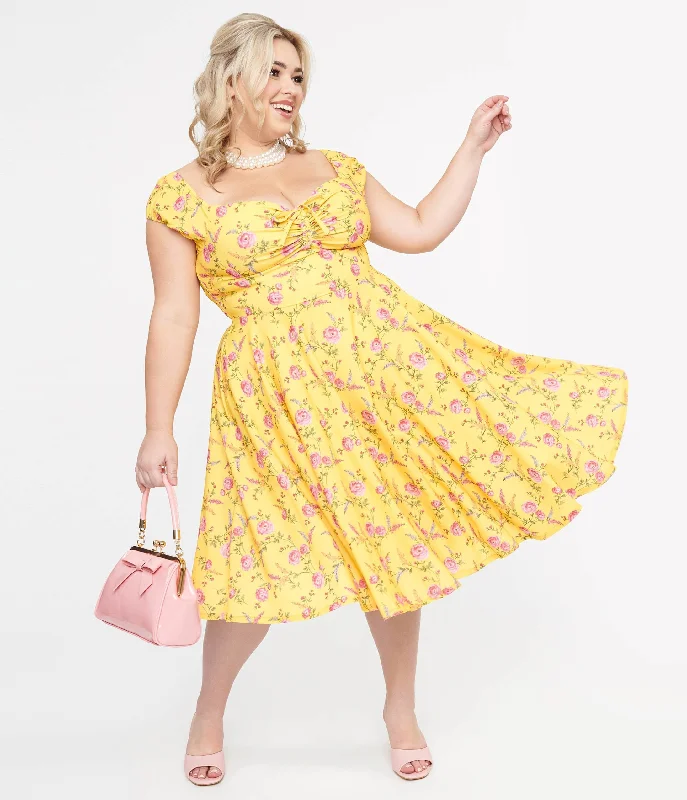 modern wrap dress-Plus Size 1950s Yellow & Fuchsia Floral Victoria Swing Dress