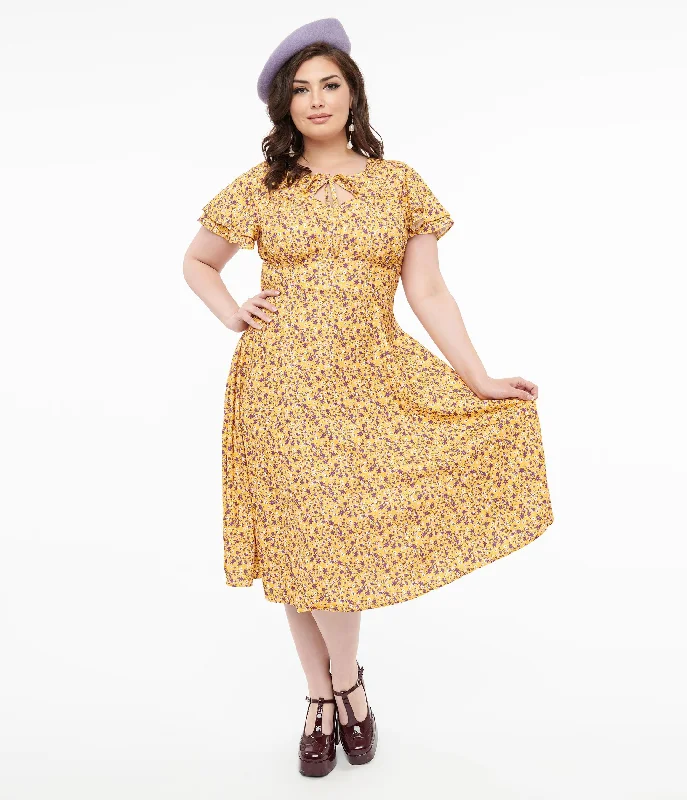 jet black dress-Plus Size 1950s Yellow & Purple Floral Capelet Swing Dress