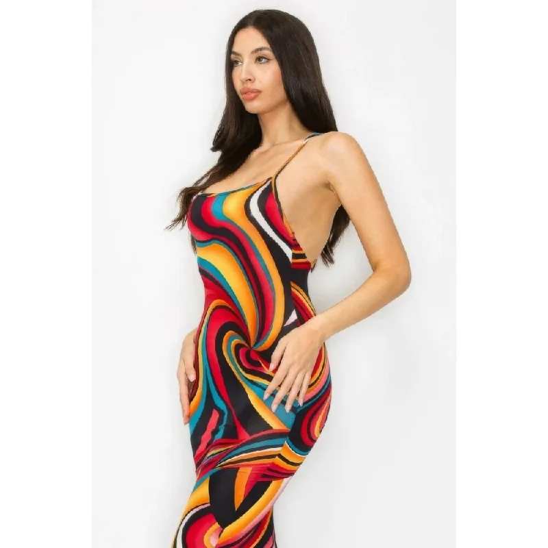 gathered waist dress-Polyester Crossed Back Marble Print Multicolor Midi Dress