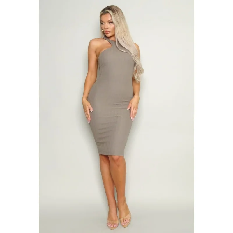 deep plunge evening dress-Polyester Racerback Knit Midi Dress with High-Cut Neckline