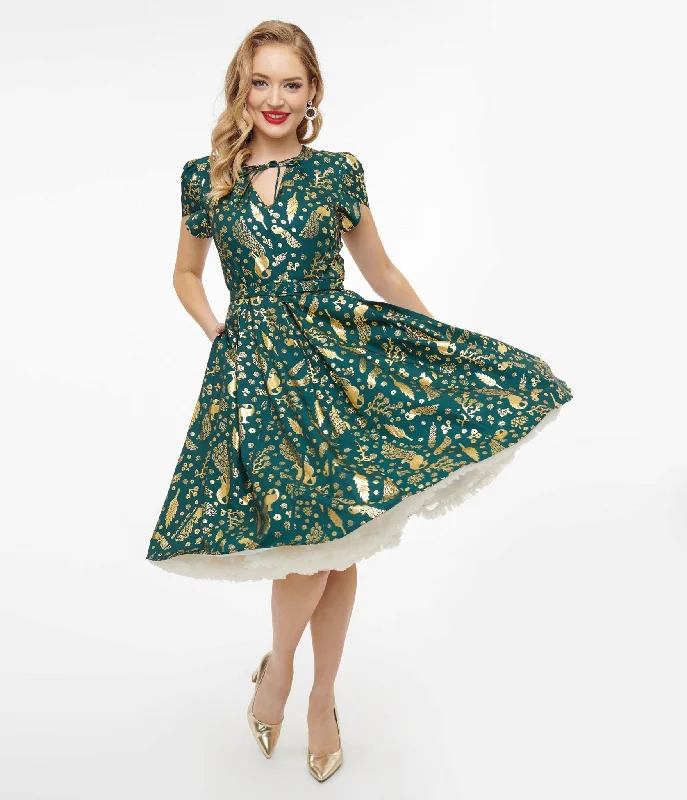 voluminous sundress-Unique Vintage 1940s Green & Gold Peacock Print Dahlia Swing Dress