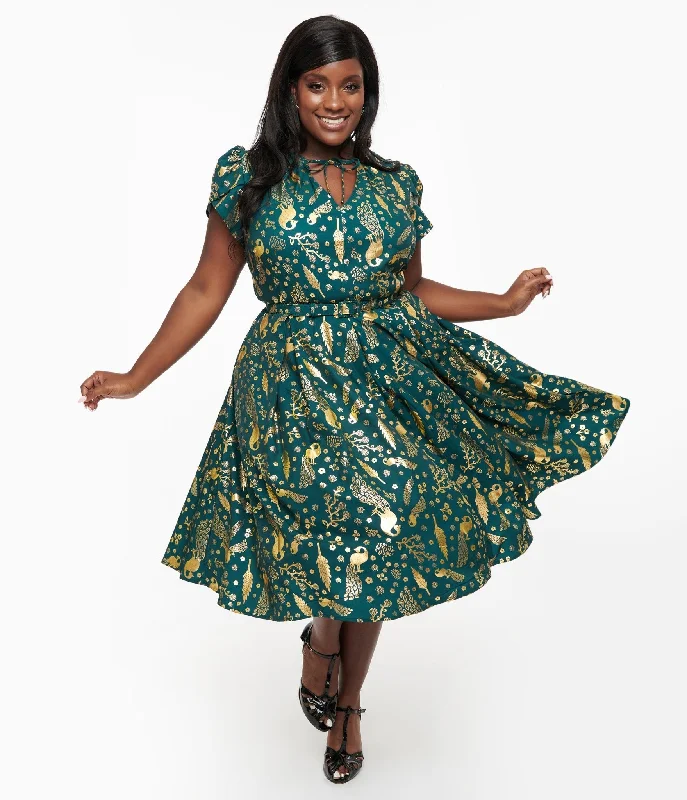 deep plunge sundress-Unique Vintage Plus Size 1940s Green & Gold Peacock Print Dahlia Swing Dress