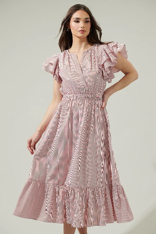 relaxed evening dress-Priscilla Striped Jelina Ruffle Sleeve Midi Dress