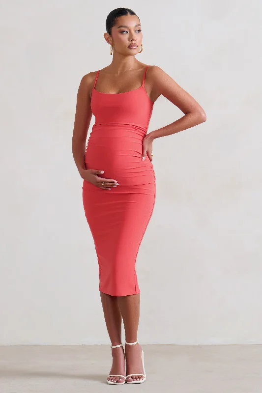 mesh sleeve cocktail dress-Raquel | Coral Maternity Cami Midi Dress With Split