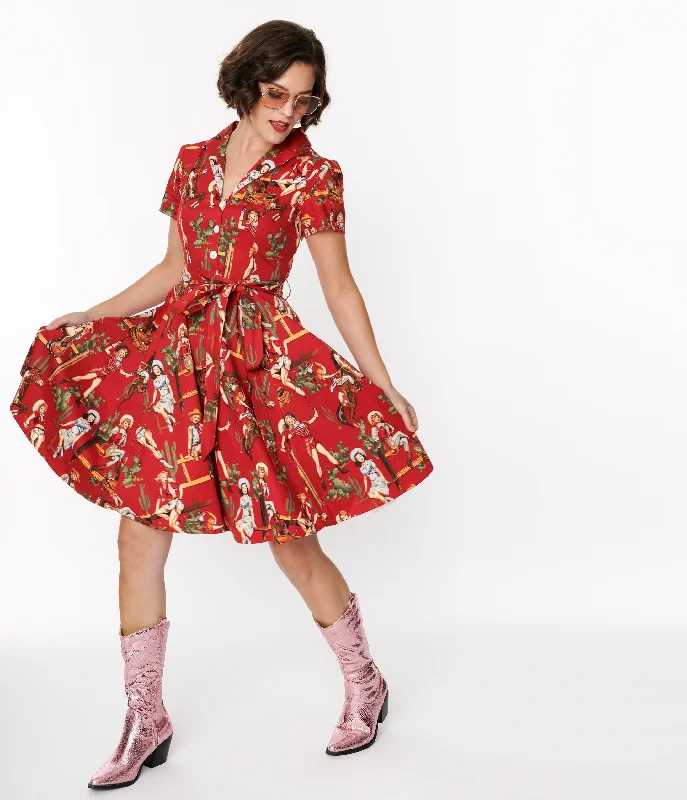 ivory sundress-Red & Cowgirl Print Swing Shirt Dress