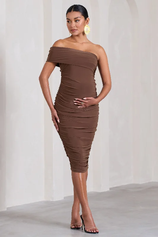 mesh sleeve sundress-Remember Me | Chocolate Maternity One Shoulder Midi Dress