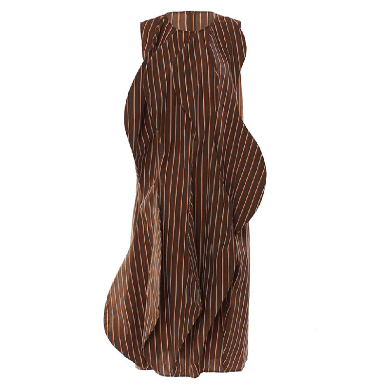 gypsy style dress-Retro 3D Wave Round Neck Vertical Striped Sleeveless Midi Dress