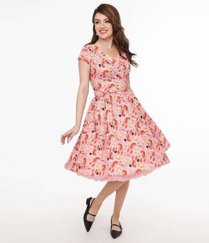 chiffon evening dress-Retrolicious 1950s Pink & Red Lobster Print Cotton Greta Swing Dress