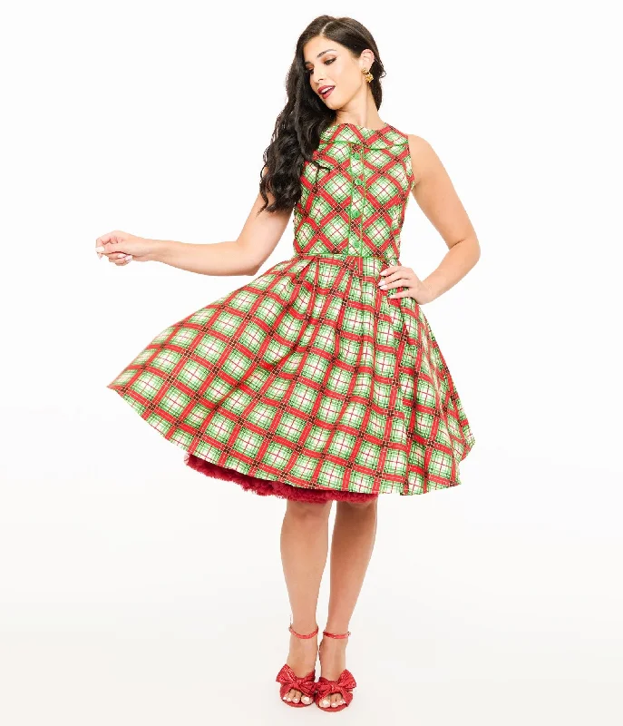 flared fit dress-Retrolicious 1950s Red Tartan Holiday Elizabeth Swing Dress