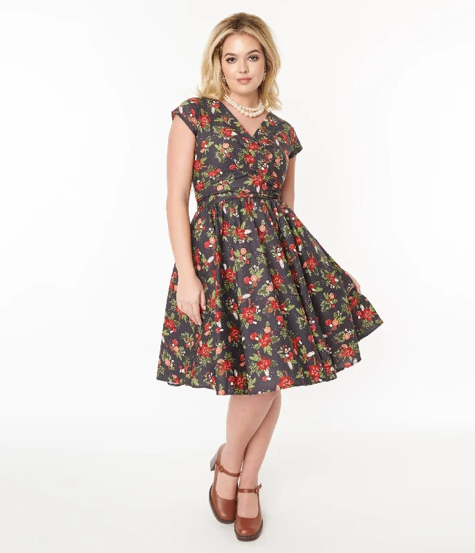 green floral dress-Retrolicious Brown & Holiday Florals Greta Swing Dress