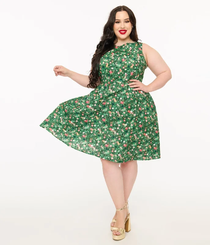 single strap dress-Retrolicious Plus Size 1950s Green Holiday Cat Print Cotton Swing Dress