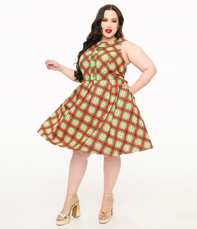 luxurious satin dress-Retrolicious Plus Size 1950s Red Tartan Holiday Elizabeth Swing Dress