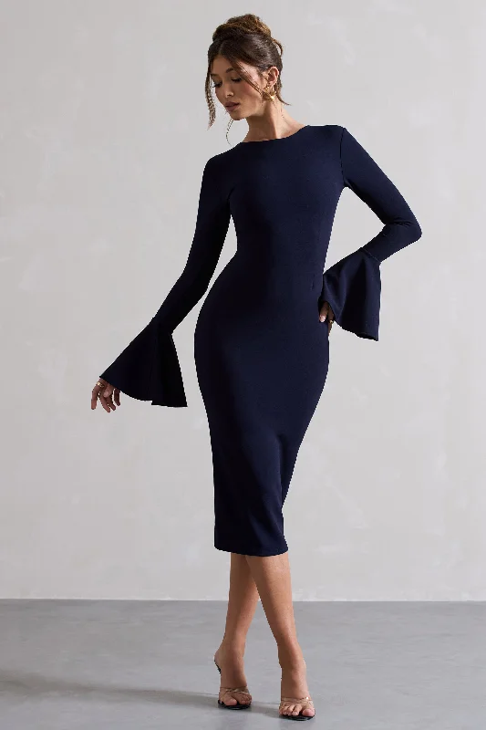 relaxed midi dress-Rhyanne | Navy Bodycon Flared-Sleeve Midi Dress