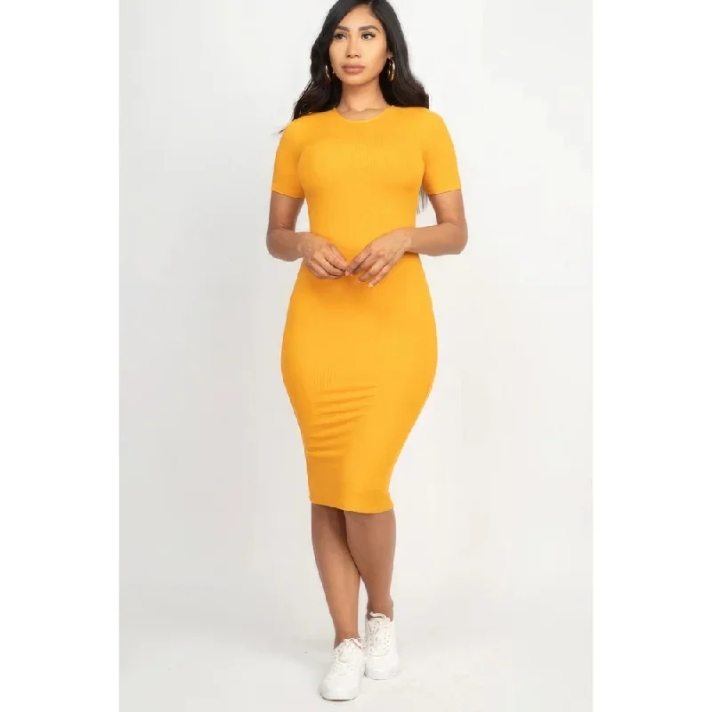 structured peplum dress-Ribbed Bodycon Midi Dress with Short Sleeves Perfect for Various Occasion