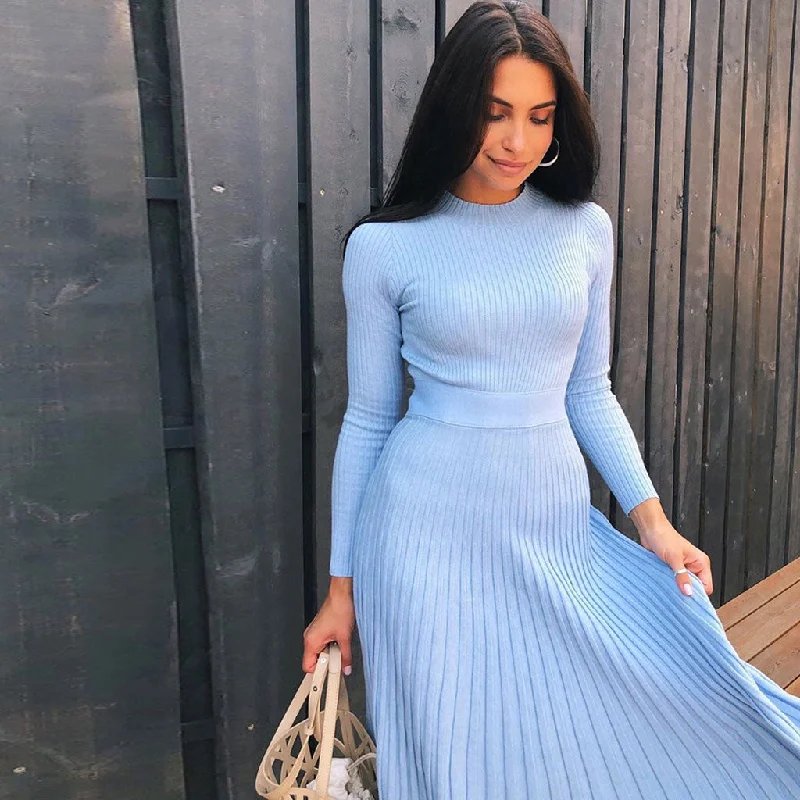 luxurious silk dress-Ribbed Long Sleeve High Neck Knit Pleated Midi Sweater Dress - Blue