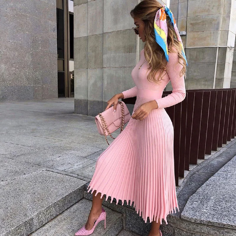 retro striped dress-Ribbed Long Sleeve High Neck Knit Pleated Midi Sweater Dress - Pink