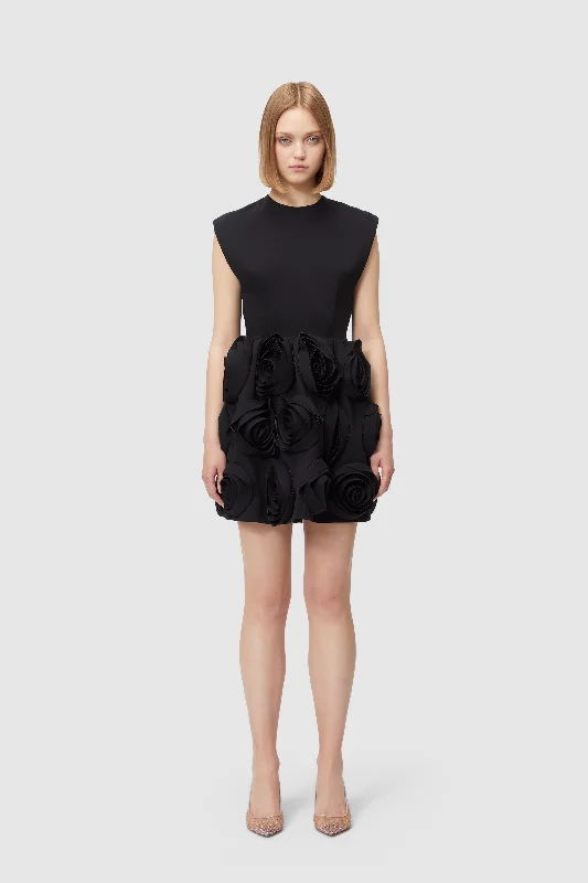 fringed cocktail dress-ROSE APPLIQUE BLACK MINI DRESS