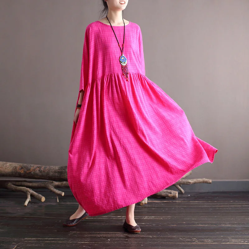 dramatic sundress-Round Neck Plaid Loose Cotton Midi Dress