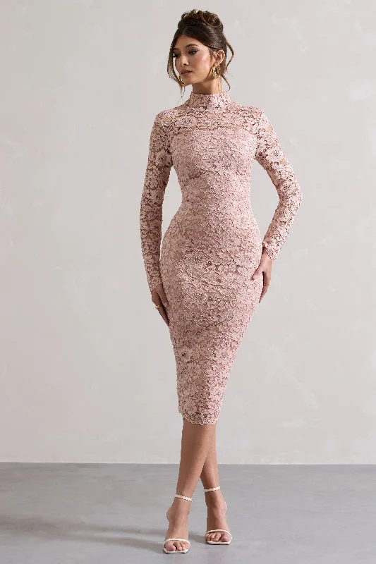 open back dress-Rumour | Blush Pink Lace High-Neck Midi Dress