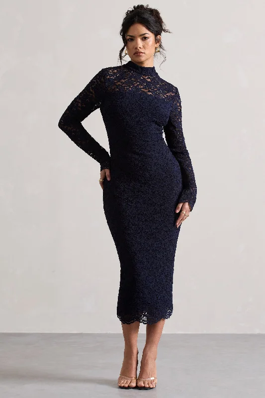 single strap sundress-Rumour | Navy Lace High-Neck Midi Dress