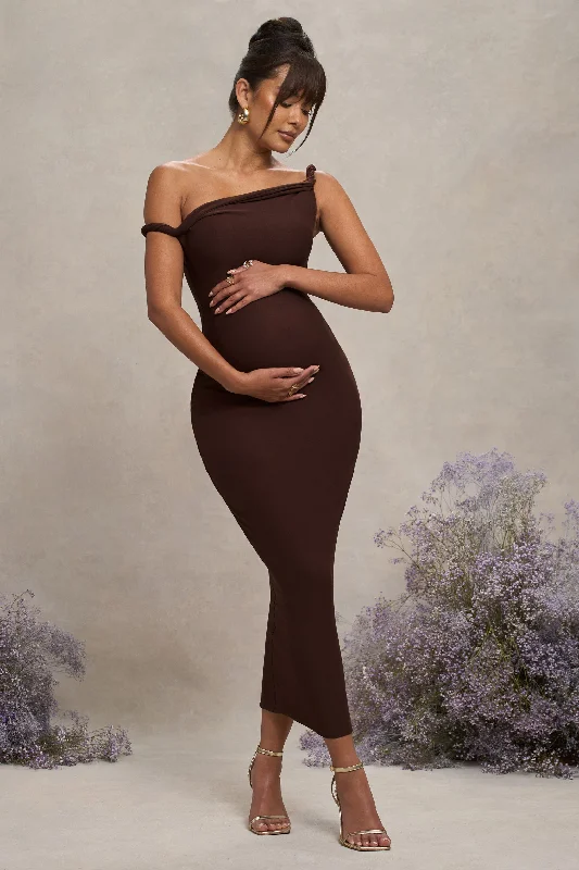 hand-stitched sundress-Salome | Chocolate Brown Twisted Asymmetric Maternity Midi Dress