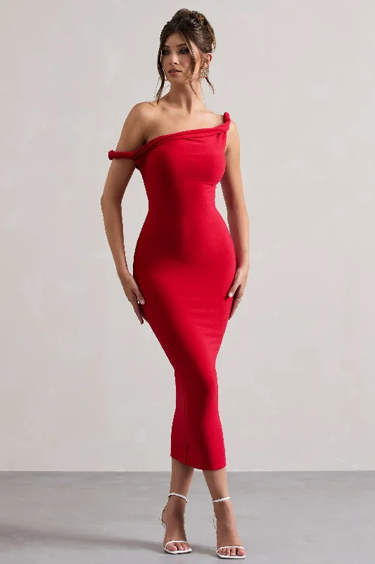 gathered sundress-Salome | Red Twisted Asymmetric Midi Dress