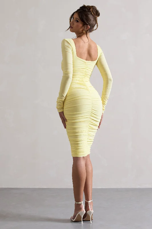 golden champagne dress-Seductress | Yellow Long Sleeve Square Neck Ruched Midi Dress