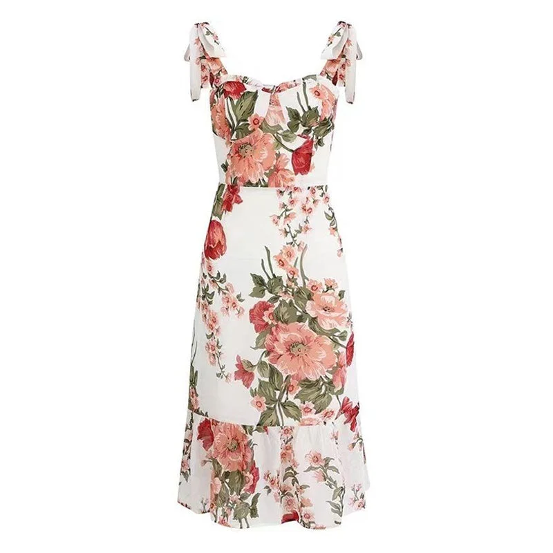 delicate evening dress-Sexy Bloom Floral Print Ruffle Sweetheart Neck High Waist Tie Shoulder Flowy Midi Sundress