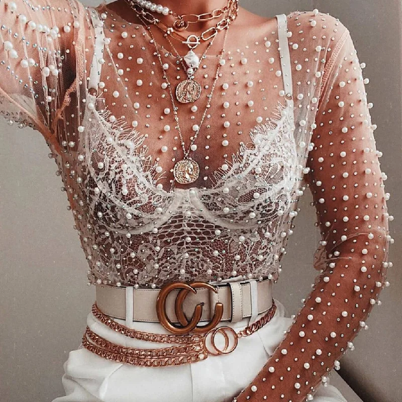 modern prom dress-Sexy Sheer Mesh Pearl Beaded Long Sleeve Top - Nude