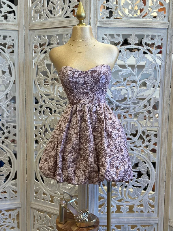 festive prom dress-Strapless Floral Pattern Mini Puff Dress- Not Stretchy