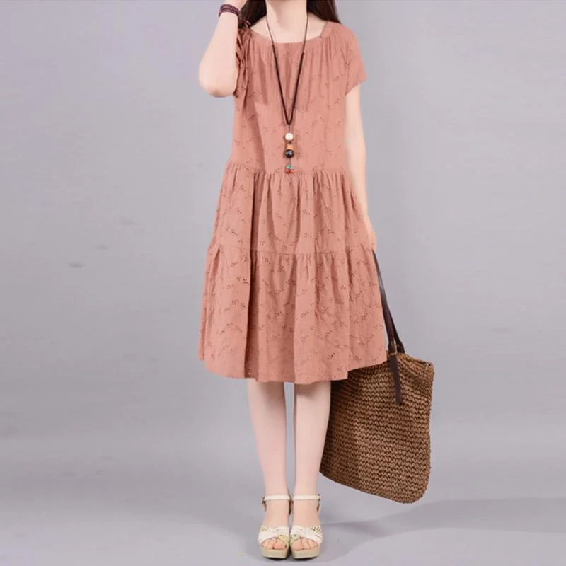 fishtail cocktail dress-Summer Causal Embroidery Hollow Cotton Linen Midi Dress