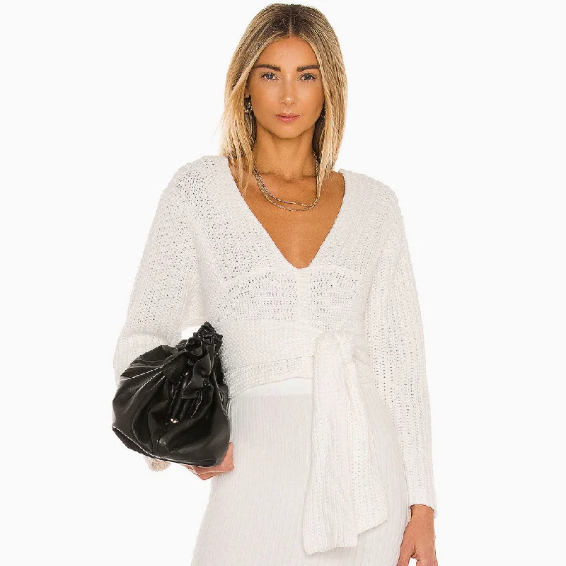 mesh sleeve cocktail dress-Trendy Long Sleeve Self Tie Deep V Knit Sweater - White